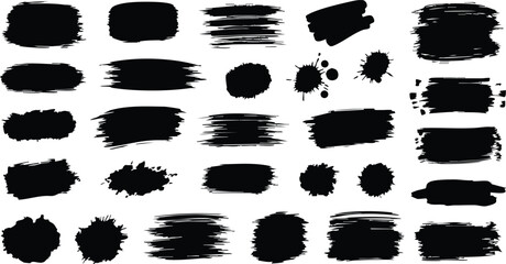 Vector collection of artistic grungy black paint hand made creative brush stroke set isolated on white background.