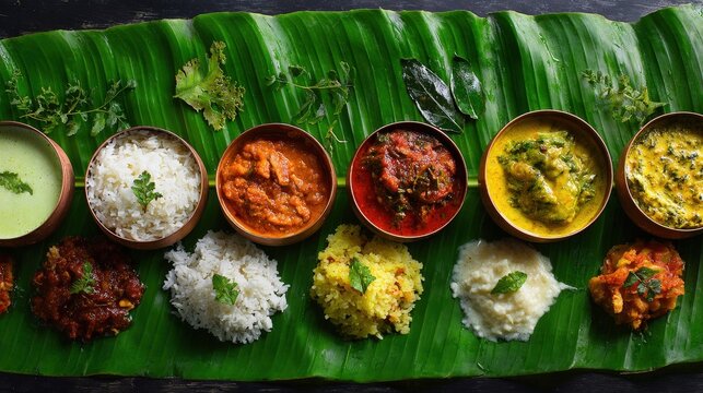 Traditional food Onam sadhya served on banana green leaf, south indian vegeterian meal arranged in traditional way. Onam Sadya vegetarian meal with rice and curries, kerala food.