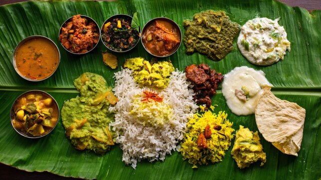 Traditional food Onam sadhya served on banana green leaf, south indian vegeterian meal arranged in traditional way. Onam Sadya vegetarian meal with rice and curries, kerala food.