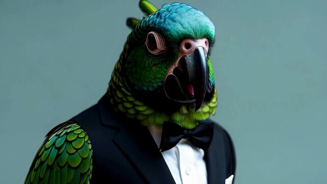 A person in a parrot mask, elegantly dressed in a suit with a bow tie, presents a unique and captivating scene. This creative portrayal blends the wild with sophistication.
