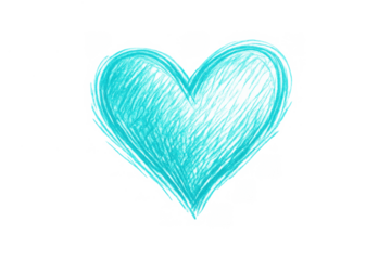Hand drawing turquoise glowing heart symbol for love, romance, passion, care, and emotion on transparent background