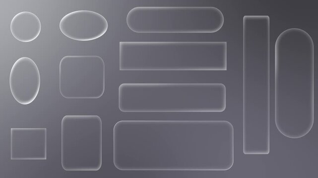 Set of translucent glassmorphism glass liquid buttons in various rounded shapes on a gray background, perfect for modern UI design mockups.
