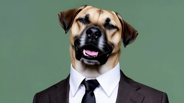 A sophisticated dog, exuding charisma in a business suit, against a calming muted green backdrop.