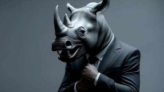 A serious business concept, a person wearing rhino mask is wearing a suit and tie, against gray background. The scene is intriguing and conveys a sense of duality, power.