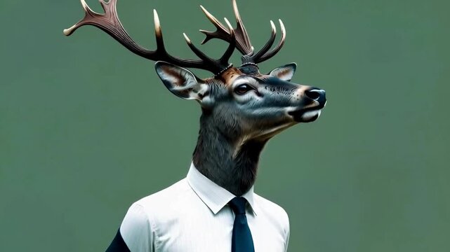 An artistic portrait featuring an anthropomorphic deer in professional attire, personifying a unique blend of wildlife and human elements. 