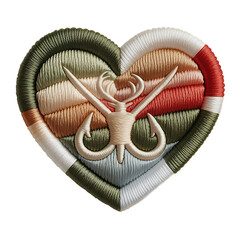An embroidered heart patch featuring a deer fishing hook and the phrase hooked on you