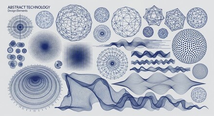 Collection of abstract technology design elements featuring wireframe spheres halftone patterns and various complex flowing wave forms
