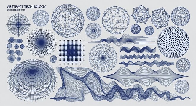Collection of abstract technology design elements featuring wireframe spheres halftone patterns and various complex flowing wave forms - Powered by Adobe