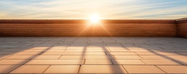 Sunrise Over Rooftop Terrace, Sunlight Rays on Brick Wall, Tiled Pavement, Golden Hour Illumination, Cityscape Backdrop, Outdoors, Architecture