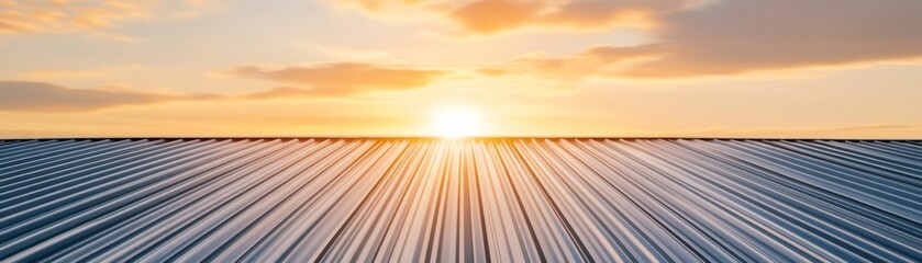 Sunset over corrugated metal roof, light flares across its metallic texture, evoking hope and new beginnings. Hope, Sunrise