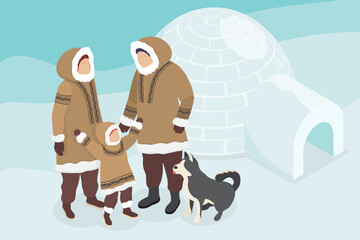 Arctic people inuit, eskimo character. Family and dog outdoors standing by igloo made of ice cubes. Cold climate. Characters wearing winter warm clothes. 3d flat isometric vector illustration. © GraphicsN