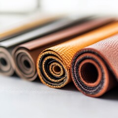 Textured Rolls of Leather in Warm Tones Close-up, shallow depth of field, warm, earthy hues, detailed textures, fashion material. Leather rolls, textured