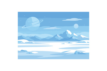 Flat vector background illustration of peaceful alien icy planet with flat snow plains and distant mountains fog style clean 2D shapes no outlines minimal details matte colors layered depth