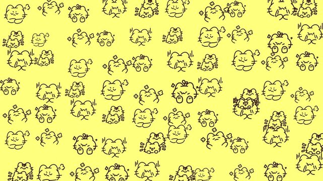 Repeating pattern of cartoon cat on yellow. Suitable for childrens products, party decorations, packaging, and stationery items.