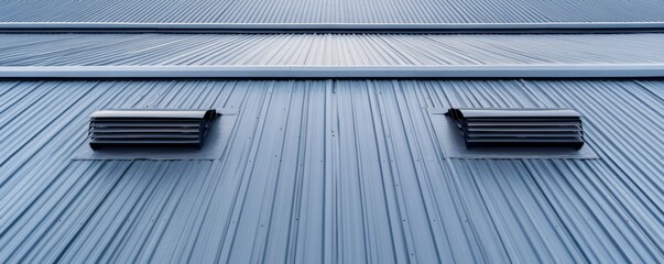 Two industrial roof vents on a corrugated metal roof, creating a sense of industrial aesthetic and architectural detail. Industrial Vents, Roof Texture
