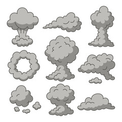 Dynamic cartoon smoke clouds with comic speed effects, perfect for vector illustrations, anime scenes, and explosive action graphics with puff trails
