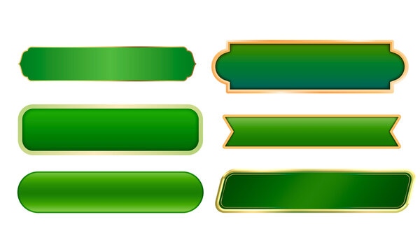 PNG image of&nbsp;Collection of six decorative green rectangular and curved banner template shapes featuring gold trim and glossy effects on transparent background