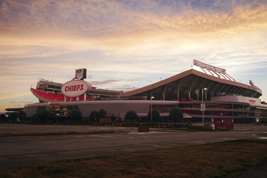 Sunset at Arrowhead Stadium, home of the Kansas City Chiefs, in Kansas City, Missouri, June 2023