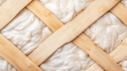 Wooden lattice texture with white fluffy filling, abstract diagonal pattern, natural materials, cozy warmth, texture background, close-up shot, natural design