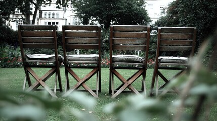 Four wooden folding chairs with cushions rest upon a lawn in front of lush foliage and a distant building