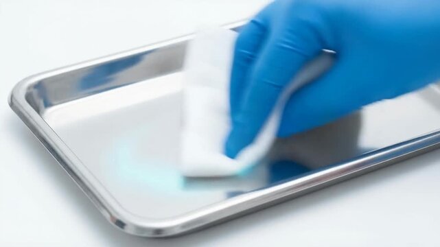 Industrial sanitation cleaning process with blue glove wiping stainless steel tray using cloth for hygiene maintenance and disinfectant cleaning
