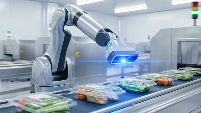 Food safety lab inspection ensures quality control with robotic technology scanning packaged fresh vegetables and meals conveyor belt modern factory