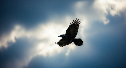 Obraz premium Bird in flight against a cloudy sky with sun rays silhouette of a crow or raven flying freely outdoors