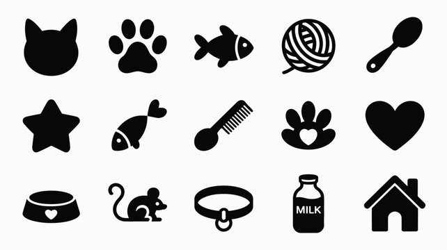 Black and white pet care including cat dog fish mouse house milk bottle