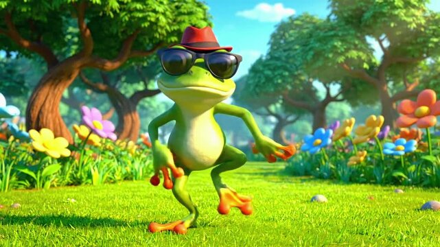 A cartoon frog wearing sunglasses and a hat begins to dance in a vibrant outdoor field with colorful flowers and trees. Suitable for children's story, music events, and education.