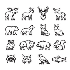 Obraz premium Animal black line art icon set with horse dog cat elephant deer cow tiger lion bear giraffe and farm and wild animals vector illustration