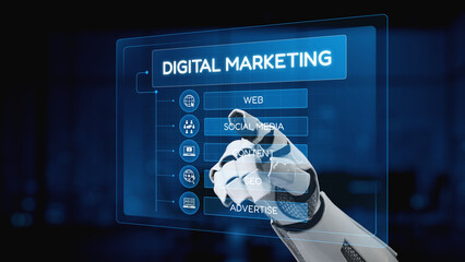 A futuristic robot hand engages with a digital marketing interface, showcasing essential elements like web, social media, content creation, and advertising strategies. Synapse