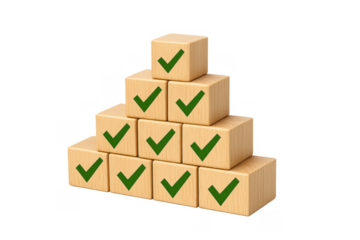 Wooden blocks with green checkmarks forming a pyramid illustrating task completion, quality control, approval, and success concept