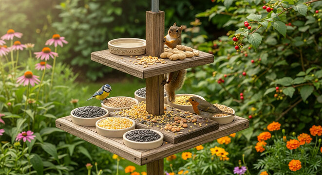 Bird feeder with squirrel and birds in a colorful garden with multiple seed trays and bowls
