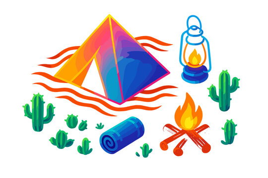 Neon Desert Camp. Isometric vector illustration set Neon Nomad Tent: glowing tent top, neon lantern, desert sand waves, campfire