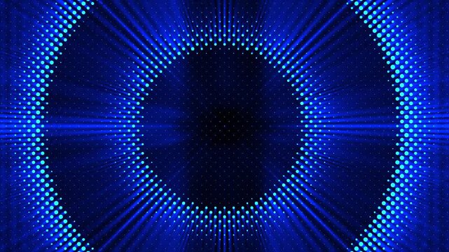 Dynamic blue halftone dotted tunnel with radial light rays and glowing circular patterns in motion.