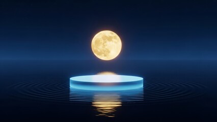 Cylindrical Podium on Rippling Water with Full Moon Backdrop