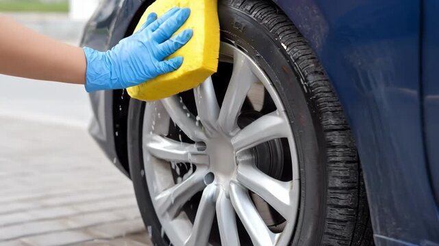 Medium shot of an individual carefully wiping insect debris from a fender using a gentle scrub pad ensuring no paint damage during cleaning