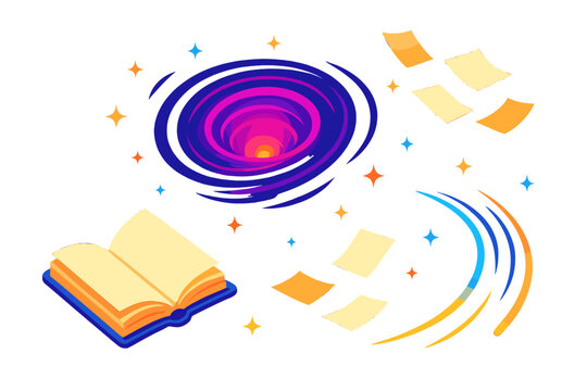 Wormhole Book Voyage. Isometric vector illustration set Ex Libris Wormhole: floating open book, swirling wormhole vortex, tiny