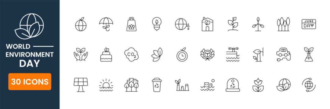 world environment day icons collection, environmental awareness symbols, green energy and nature protection vector UI icon pack - Powered by Adobe