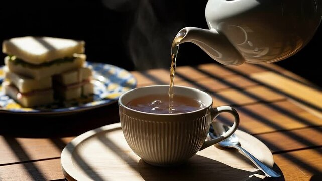 Warm tea being poured into a cup with a stack of sandwiches nearby