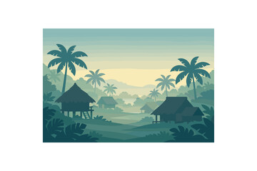 Flat vector background illustration of quiet jungle village hut silhouettes among palms with gentle fog style clean 2D shapes no outlines minimal details matte colors layered depth gentle