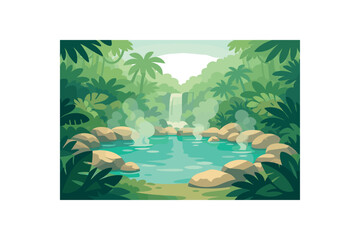 Flat vector background illustration of peaceful jungle hot spring pool with steam haze and leaf silhouettes style clean 2D shapes no outlines minimal details matte colors layered depth