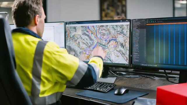 Engineer analyzing 3D utility maps on a screen to plan safe trenchless repairs for underground water and electrical installations