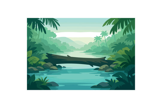 Flat vector background illustration of peaceful jungle river crossing with fallen log silhouette and haze style clean 2D shapes no outlines minimal details matte colors layered depth gentle