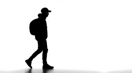 Fototapeta premium Silhouette of Solitude: A solitary figure, a person with a backpack and a cap, is silhouetted against an unyielding backdrop, traversing a journey of self-discovery and introspection.