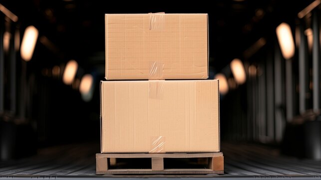 Boxes stacked on a wooden pallet in a warehouse during daylight hours