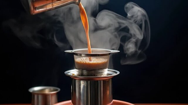 Pouring freshly brewed coffee through a traditional south indian filter into a cup