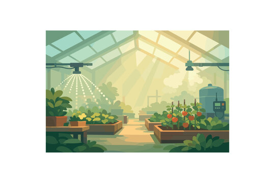 Flat vector background illustration of peaceful greenhouse with automated watering silhouettes and misty sunbeams style clean 2D shapes no outlines minimal details matte colors layered
