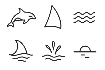 Obraz premium Orca in Ocean Lines. Line style icons of Orca Sail Ocean: orca silhouette, sail shape, ocean waves, dorsal fin arc, splash marks,