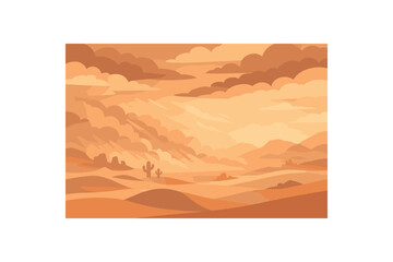 Flat vector background illustration of peaceful desert with layered cloud silhouettes and dusty haze style clean 2D shapes no outlines minimal details matte colors layered depth gentle